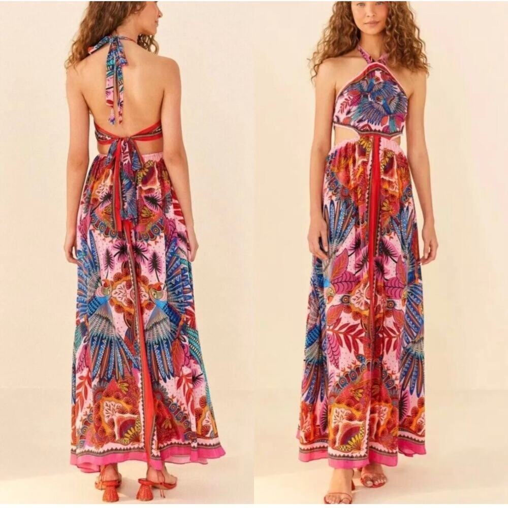 Farm Rio Women's Halterneck Macaw Scarf Maxi Dress Red Pink Size Medium NWT